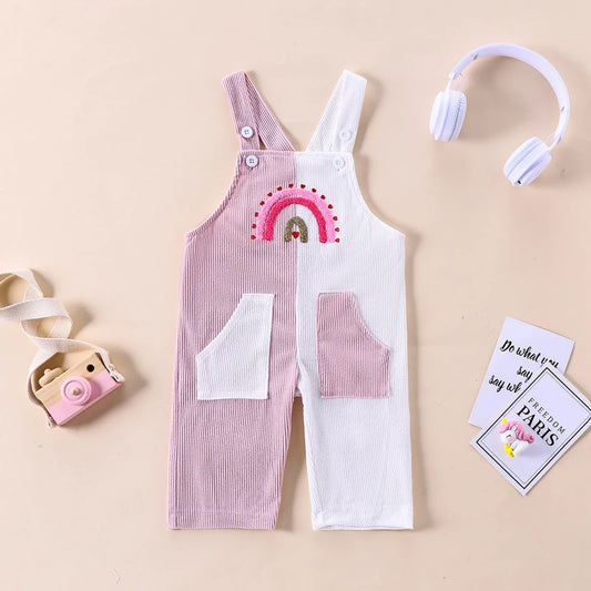 Baby Girls Contrast Color Embroidery Rainbow Jumpsuit with Pockets