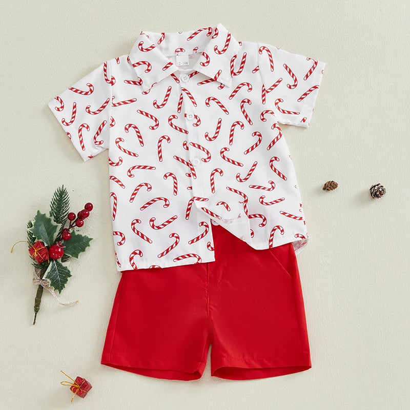 Toddler Boys Christmas Candy Cane Print Shirt with solid color shorts