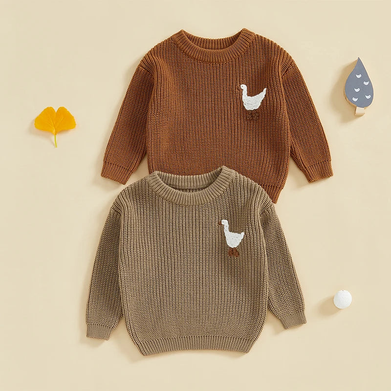 Baby Boy Knit Sweater Goose Embroidery Crew Neck Long Sleeve Pullover Casual Tops