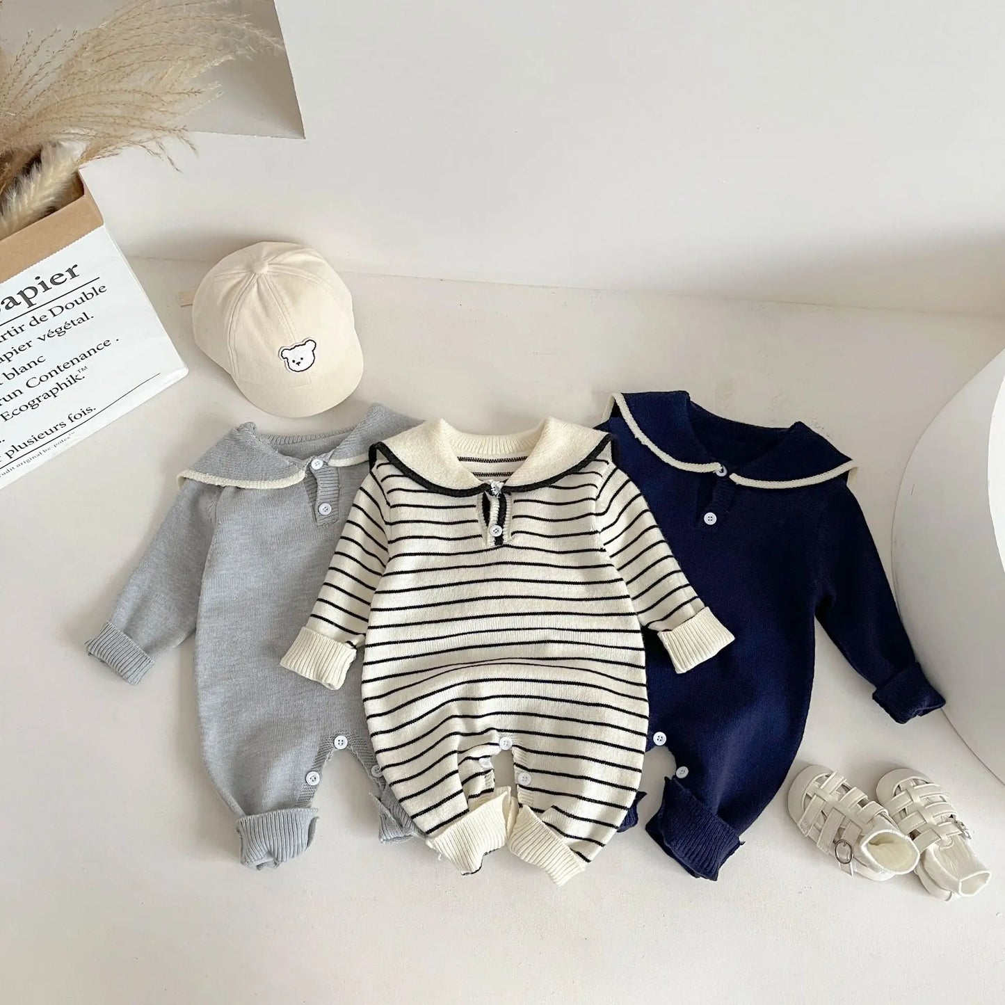 Baby Long Sleeve Knitted Romper Sailor Collar Newborn Clothes Casual Jumpsuit