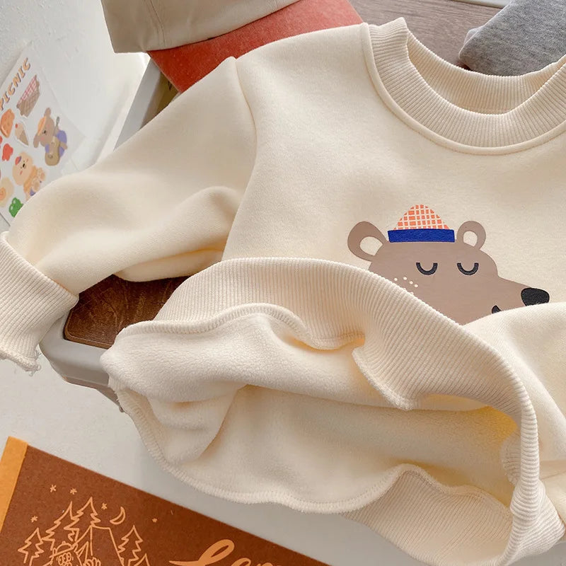 Children Fleece Sweatshirt New Baby Boys Warm Tops Girls Cartoon Print Pullover