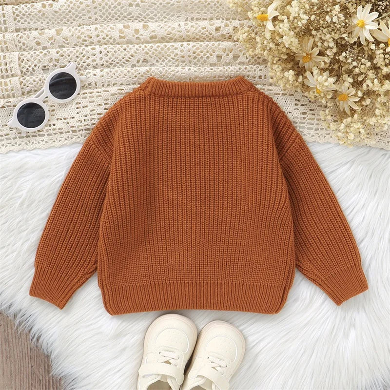 Baby Sweater, Long Sleeve Crew Neck Rugby Embroidery Winter Warm Knit Pullover Tops