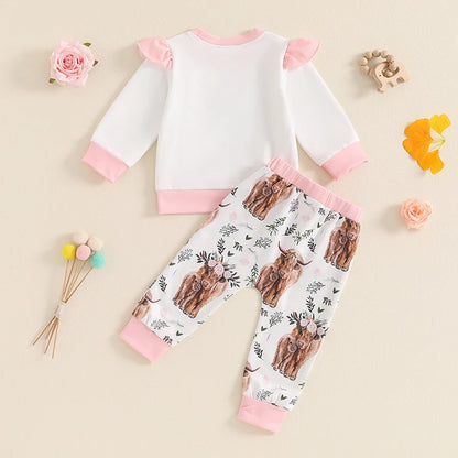 Toddler Girl Letter Cow Print Sweatshirt and Long Pants 2Pcs