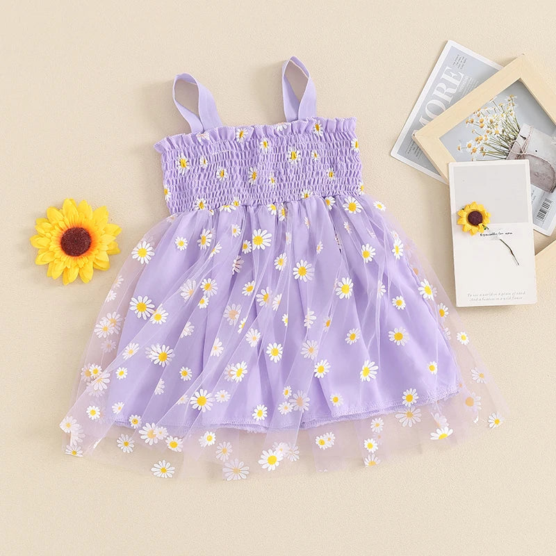 Girls Tulle Dress Daisy Floral Sleeveless Sling Dress