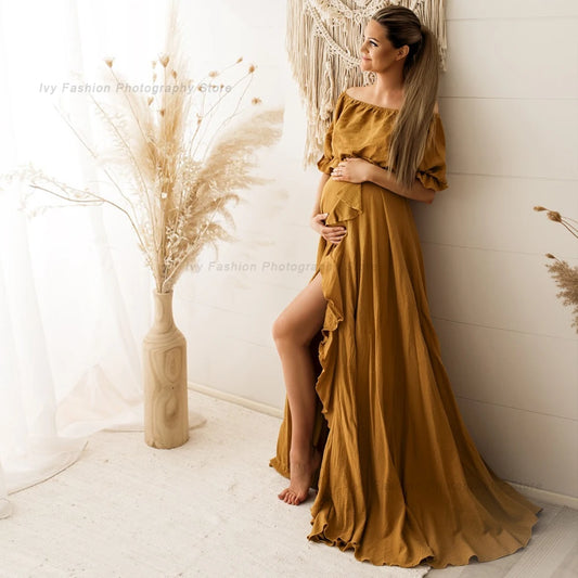 Bohemian Photo Shooting Pregnancy Dress Ruffle Edge Off Shoulder Short Sleeve Linen Cotton Dress