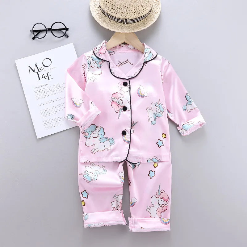 Children Silk Satin Pajamas Set Baby Boys Girls Cartoon Dinosaur Tops Trousers