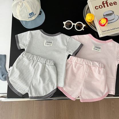 Children's Clothing Boy Girl Striped Short Sleeve Tops + Shorts 2pcs