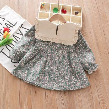 Girls' Dress Flower Bow Lace Lapel Sweet Long Sleeve Forest Style Wear