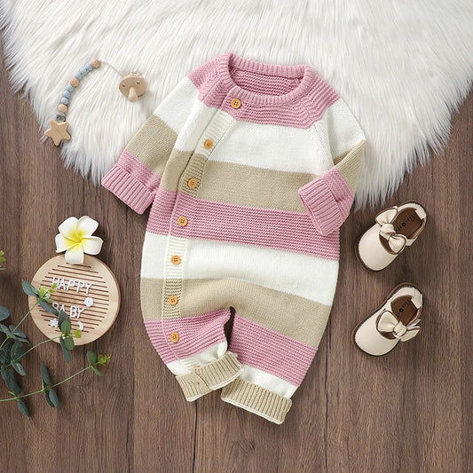 Baby Girl Boy Sweater Romper Striped Crew Neck Long Sleeve Jumpsuit