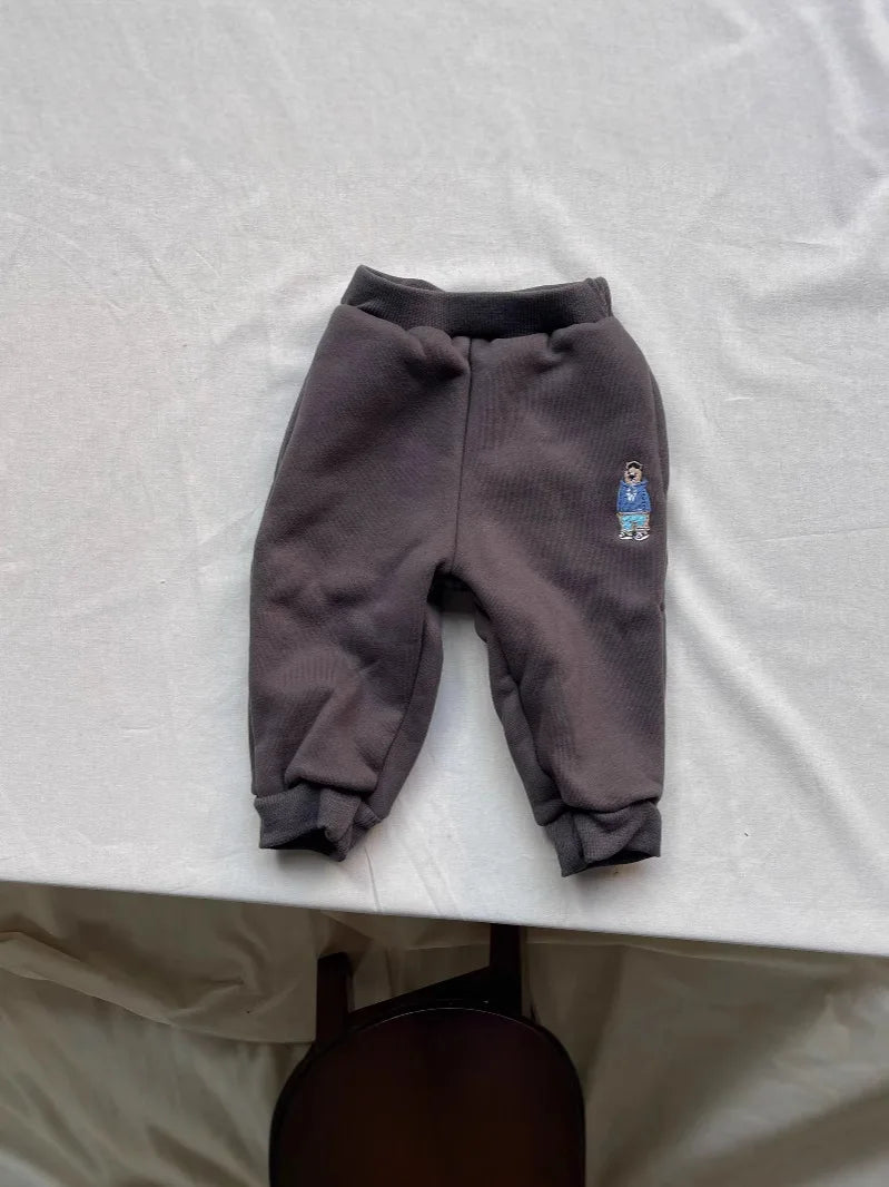 Baby Fleece Warm Trousers Infant Girl Cartoon Embroidery Casual Pants