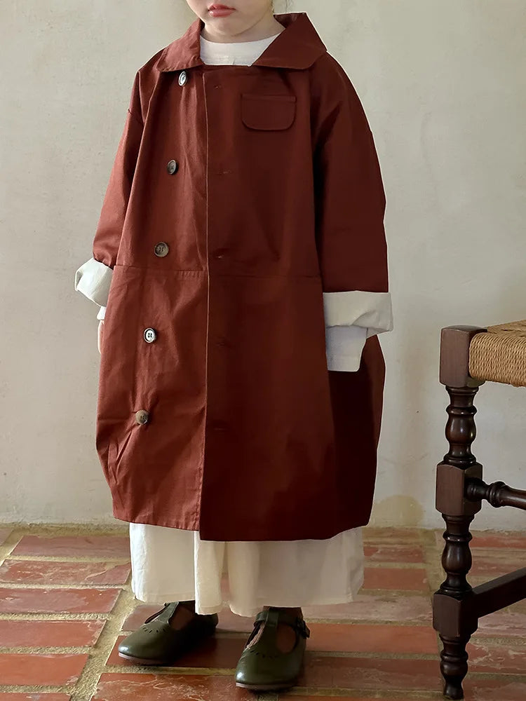 Loose Casual Long Coat Cotton Boys Girls Double Breasted Lapel Jacket