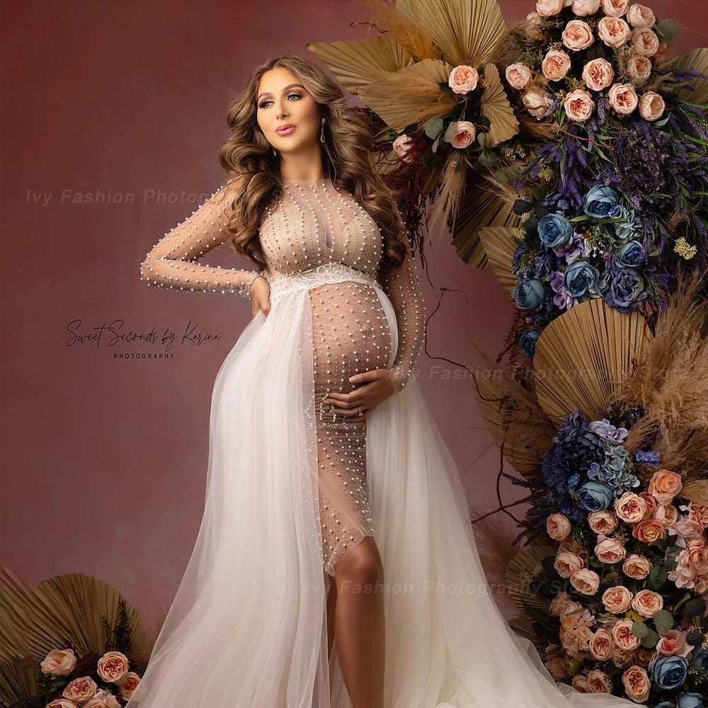 Maternity Photography Dresses Transparent Tulle Pearl Pregnancy Dress