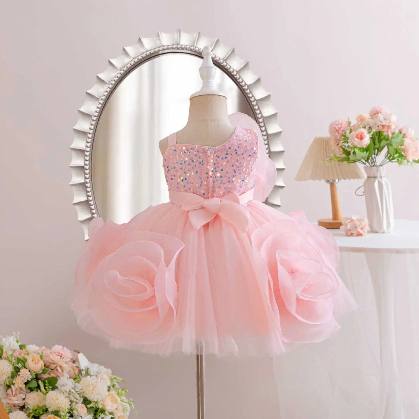 Girls Party Dresses Flower Elegant Child Wedding Gown Sequined Big Bow Kids Birthday Ceremonial Frocks