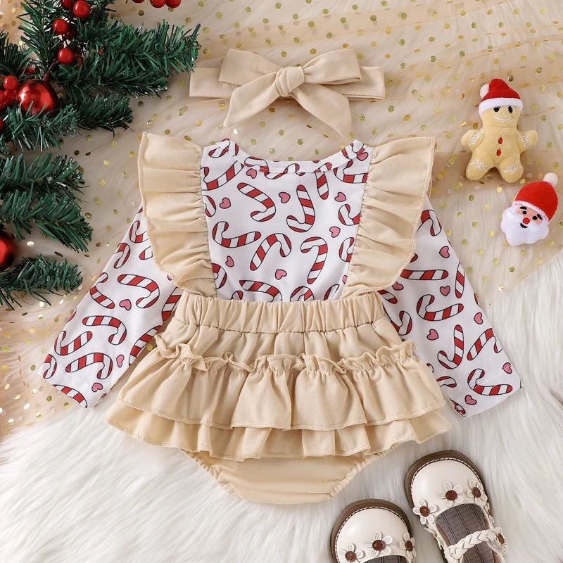 Baby Girl 2Pcs Christmas Long Sleeve Cartoon Embroidery Bodysuit with Headband