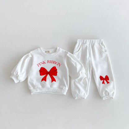 New Children Long Sleeve Clothes Set Boys Girls Bow Heart Print Sweatshirt + Pants