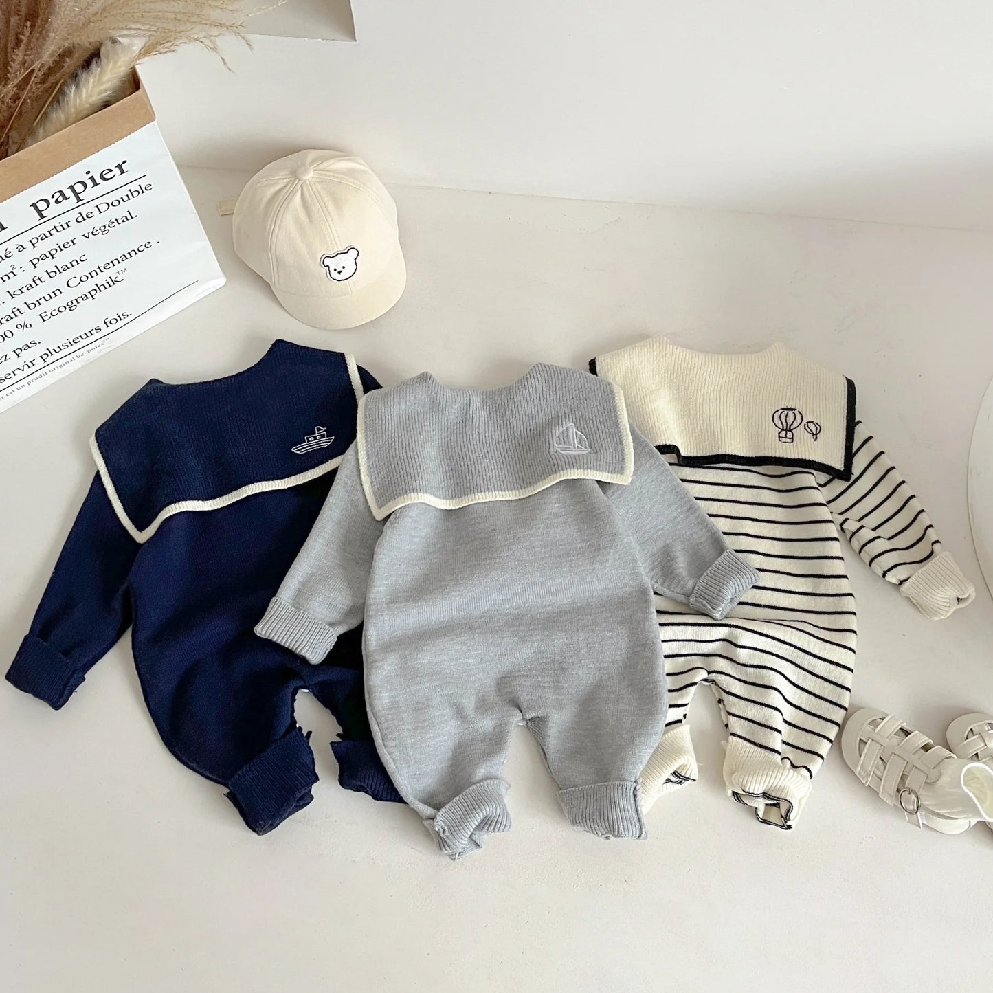 Baby Long Sleeve Knitted Romper Sailor Collar Newborn Clothes Casual Jumpsuit