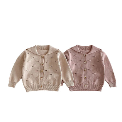 Baby Girls Lapel Hollow Out Knitwear Kids Casual Knitted Cardigan Jacket Clothes