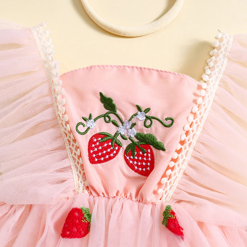 Baby Girl Romper Strawberry Embroidery Tutu Skirt with Headband