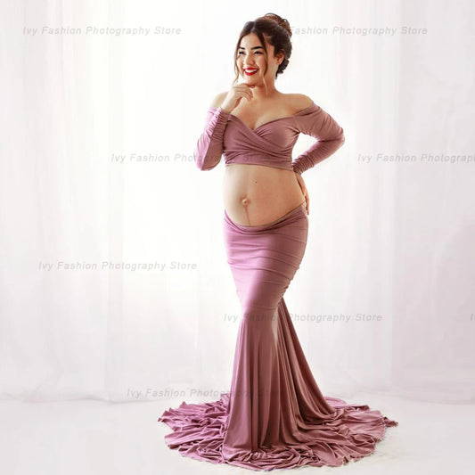 Maternity Photography Props Stretch Cotton Two Piece Floor Long Skirt