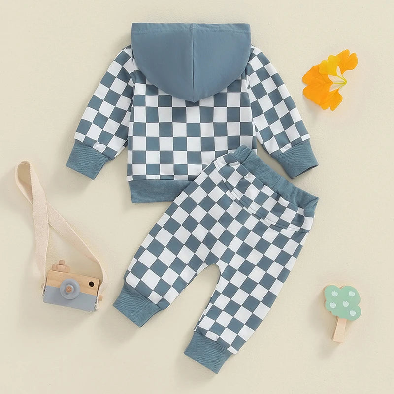 Toddler Boys Fall Outfits Checkerboard Print Hooded  and Long Pants 2Pcs