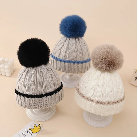 Baby Boys Knit Contrast Color Hats Winter Warm Baby Beanie Hat with Bobble