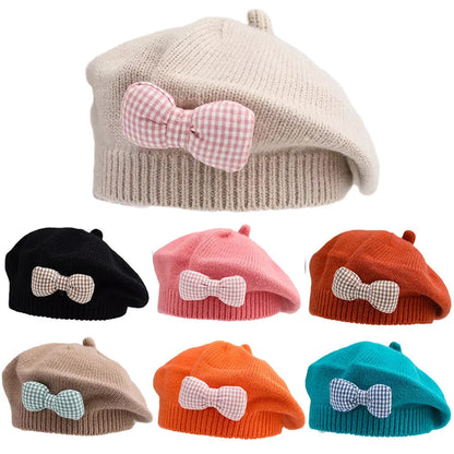 Baby Girls Beret Hats Sweet Plaid Bow Knit Hat Candy Color Princess Beanie Cap