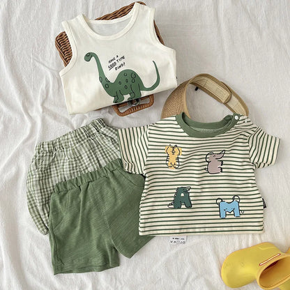 Newborn Boy Striped Cute Animal Print Short Sleeve T-shirt +solid Shorts