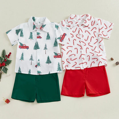 Toddler Boys Christmas Candy Cane Print Shirt with solid color shorts