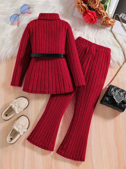 Girls Fashion Red High Collar Long Sleeve Top +Red  Wide Leg Pants