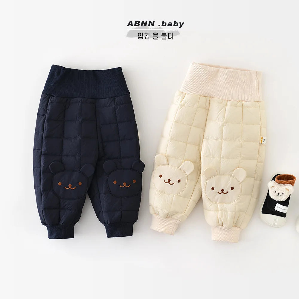 Baby Fleece Warm Pants Plus Velvet Thick Infant Boy Girl Cartoon Bear Trousers