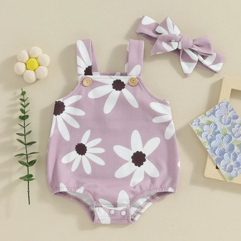 Newborn Baby Girl Sleeveless Bodysuit 2Pcs Floral Print Overalls with Headband