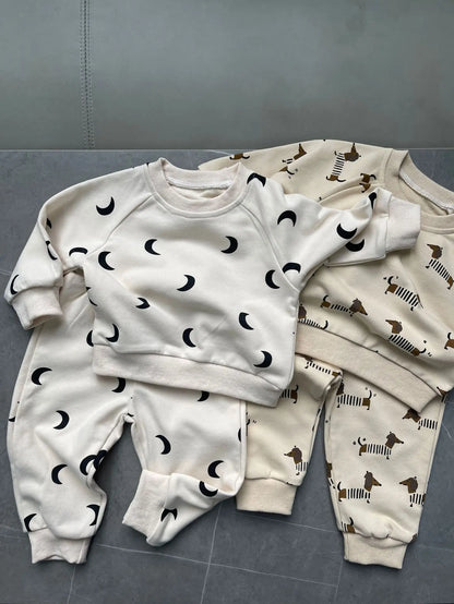 Baby Long Sleeve Clothes Set Infant Moon Print Sweatshirt + Pants 2pcs Gym Suit