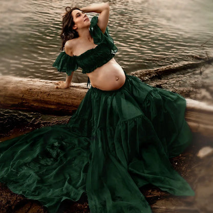 Photoshoot Pregnancy Off Shoulder Ruffled Semi Transparent Chiffon Long Dress