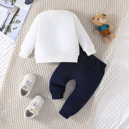 Casual Cartoon Bear Long Sleeve tee and Navy Pants