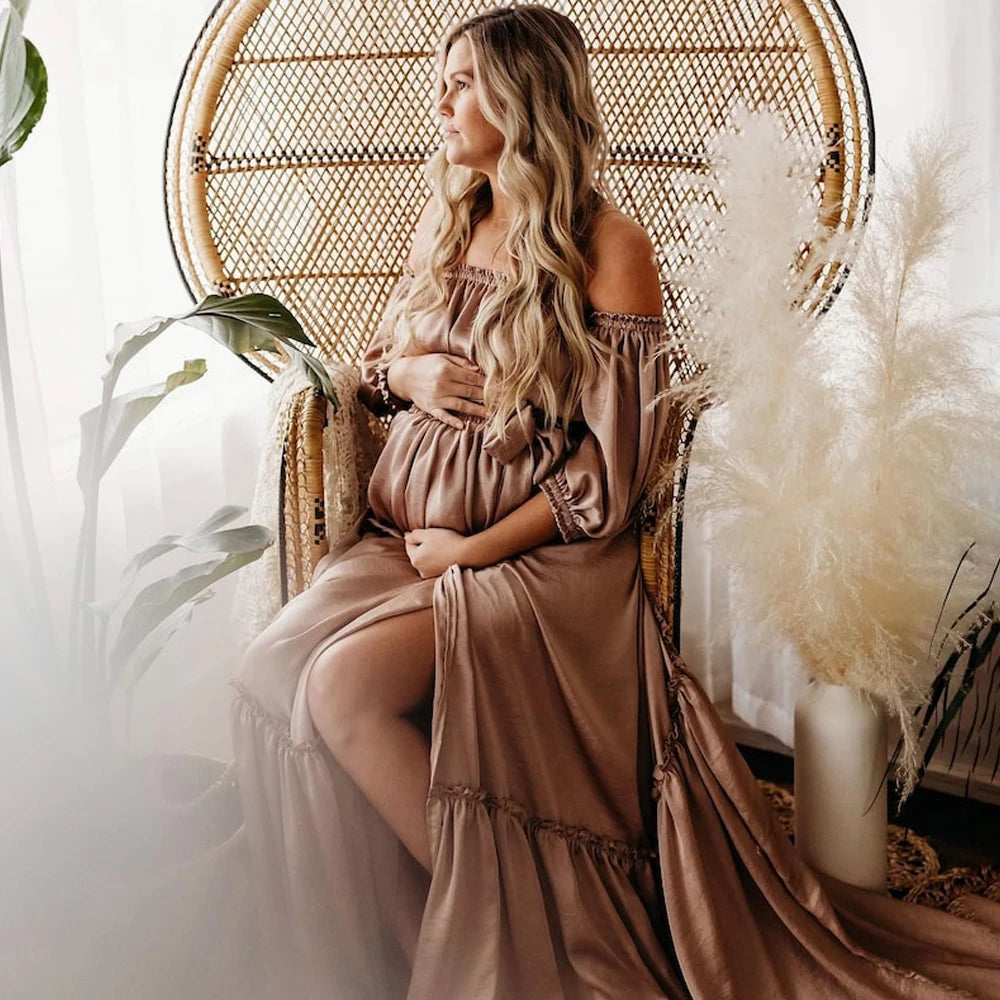 Maternity Photography Gown Soft Satin Off Shoulder Pregnant Woman Two piece set