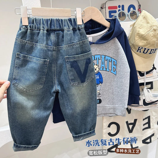 Boys Elastic Waist Pockets Students Boys Jeans Letter Exterior Loose Trousers