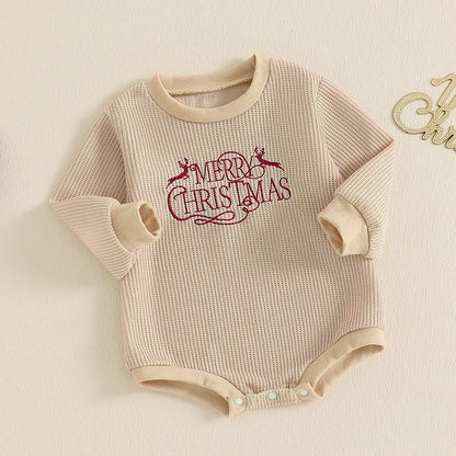 Newborn Baby Christmas Sweatshirt Romper, Waffle Letter Embroidery Bodysuit