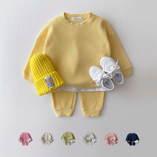 Toddler Baby Boys Korea Mock Waffle Cotton Sweatshirt+Pants 2pcs