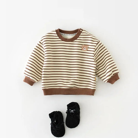 New Baby Sweatshirt Infant Plus Velvet Thick Warm Boy Girl Casual Striped Tops