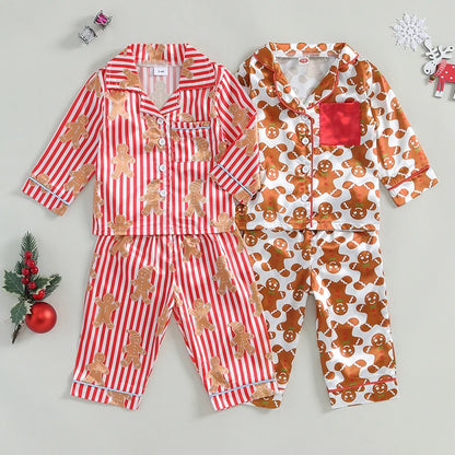 Girls Christmas Pajama Set Lapel Cartoon Print Shirt Pants