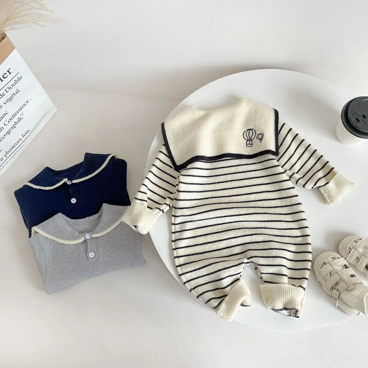 Baby Long Sleeve Knitted Romper Sailor Collar Newborn Clothes Casual Jumpsuit