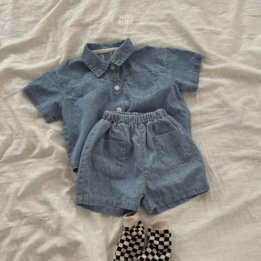 Girl/Boys Solid Shirt Short Sleeves Turn-down Collar T-shirt And Short Jeans