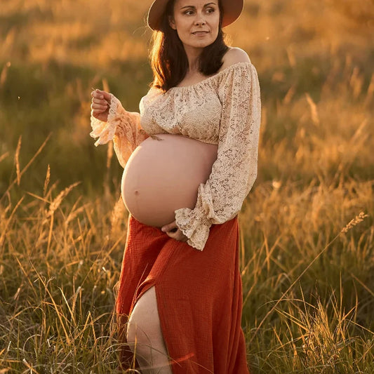 Maternity Dresses For Photo Shoot Two Piece Lace Top and Linen Cotton Skirt