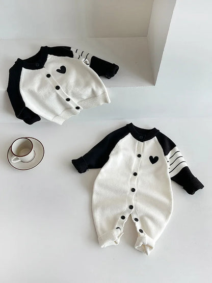 Baby Long Sleeve Knitted Romper Infant Boy Girl Heart Patchwork Jumpsuit