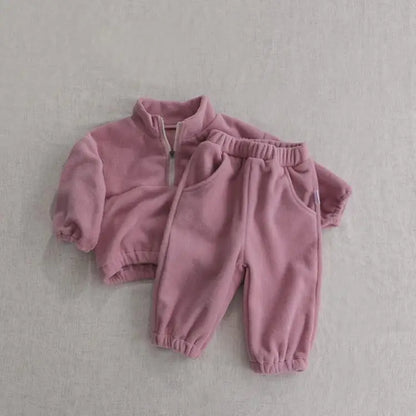 Toddler Baby Sports Set Fleece Solid Color Hoodies And Pants 2pcs Warm Suit