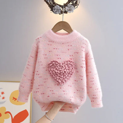 Love Heart O-Neck Pullovers Loose Colorful Spot Sweater Top New Girl Clothes