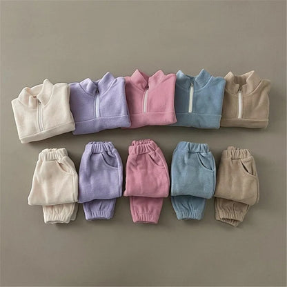 Toddler Baby Sports Set Fleece Solid Color Hoodies And Pants 2pcs Warm Suit