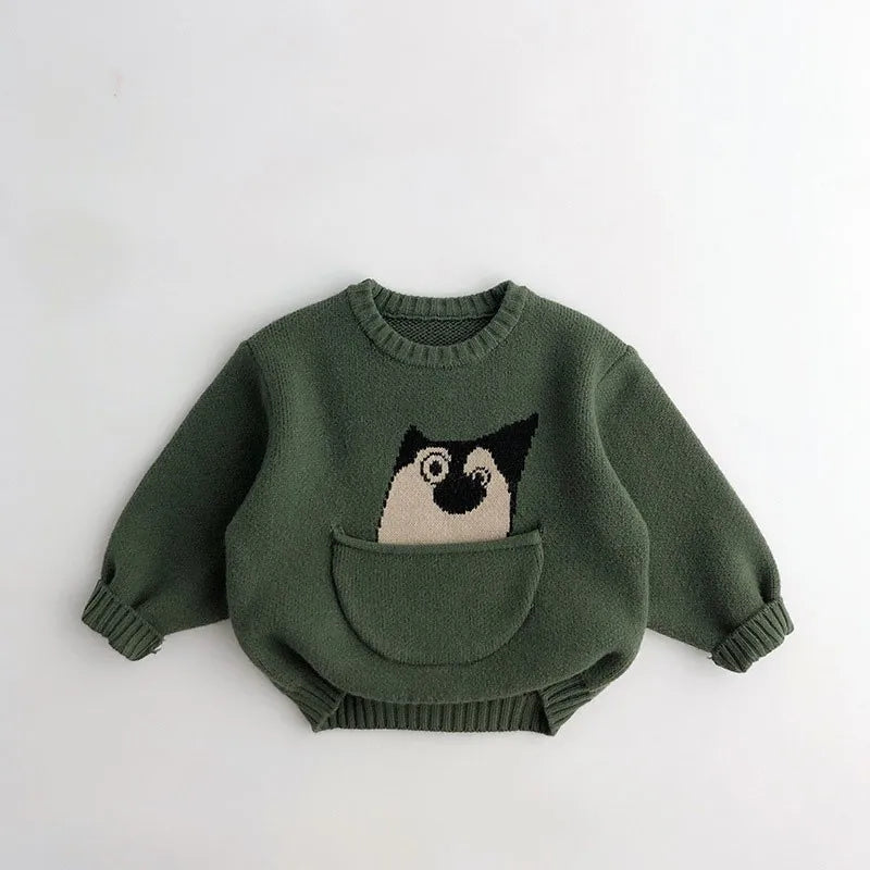 New Cartoon Pullover Sweater Boys Pocket Panda Knitted Shirt Girls Loose Cute Tops