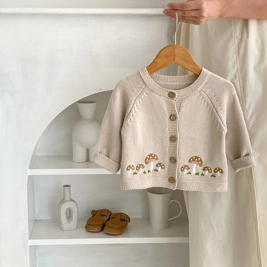 Baby Long Sleeve Sweater Coat Mushroom Embroidery Infant Boy Girl Knitted Cardigan