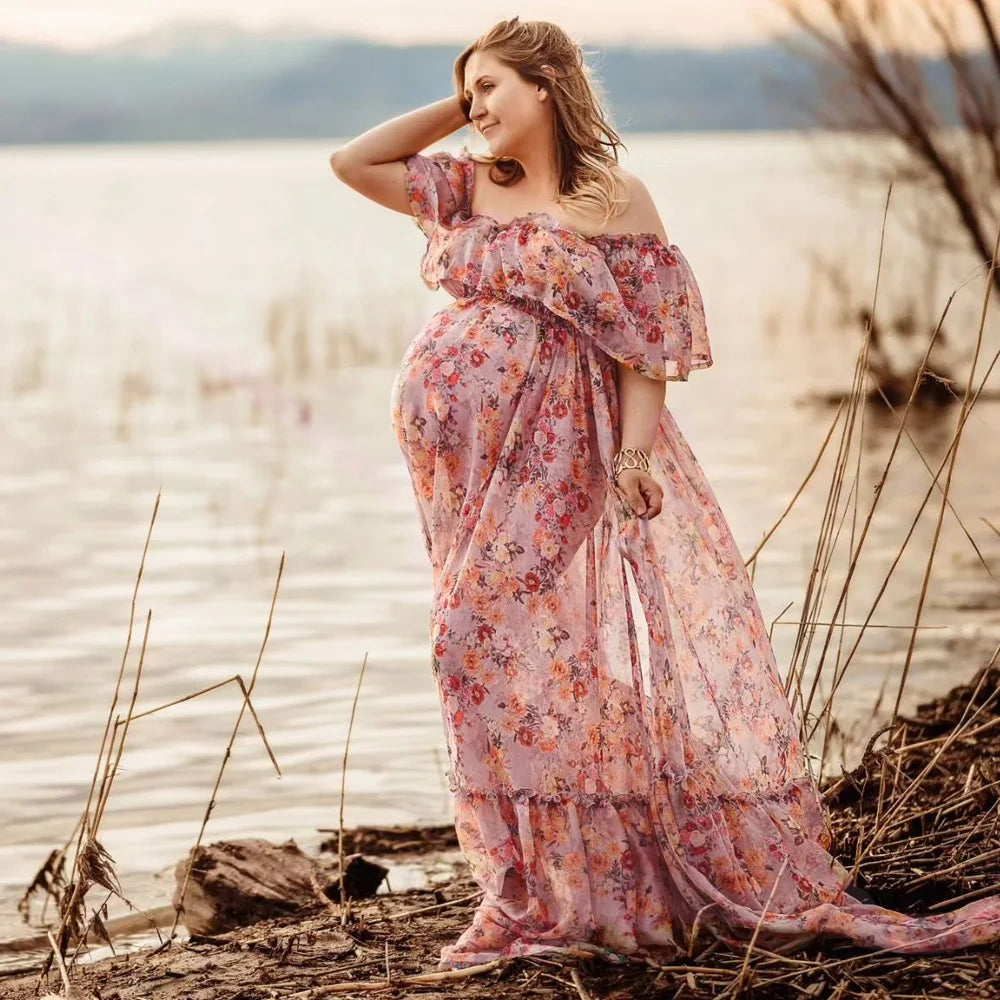 Maternity Printed Chiffon Elegant Off Shoulder Long Sleeves Dress